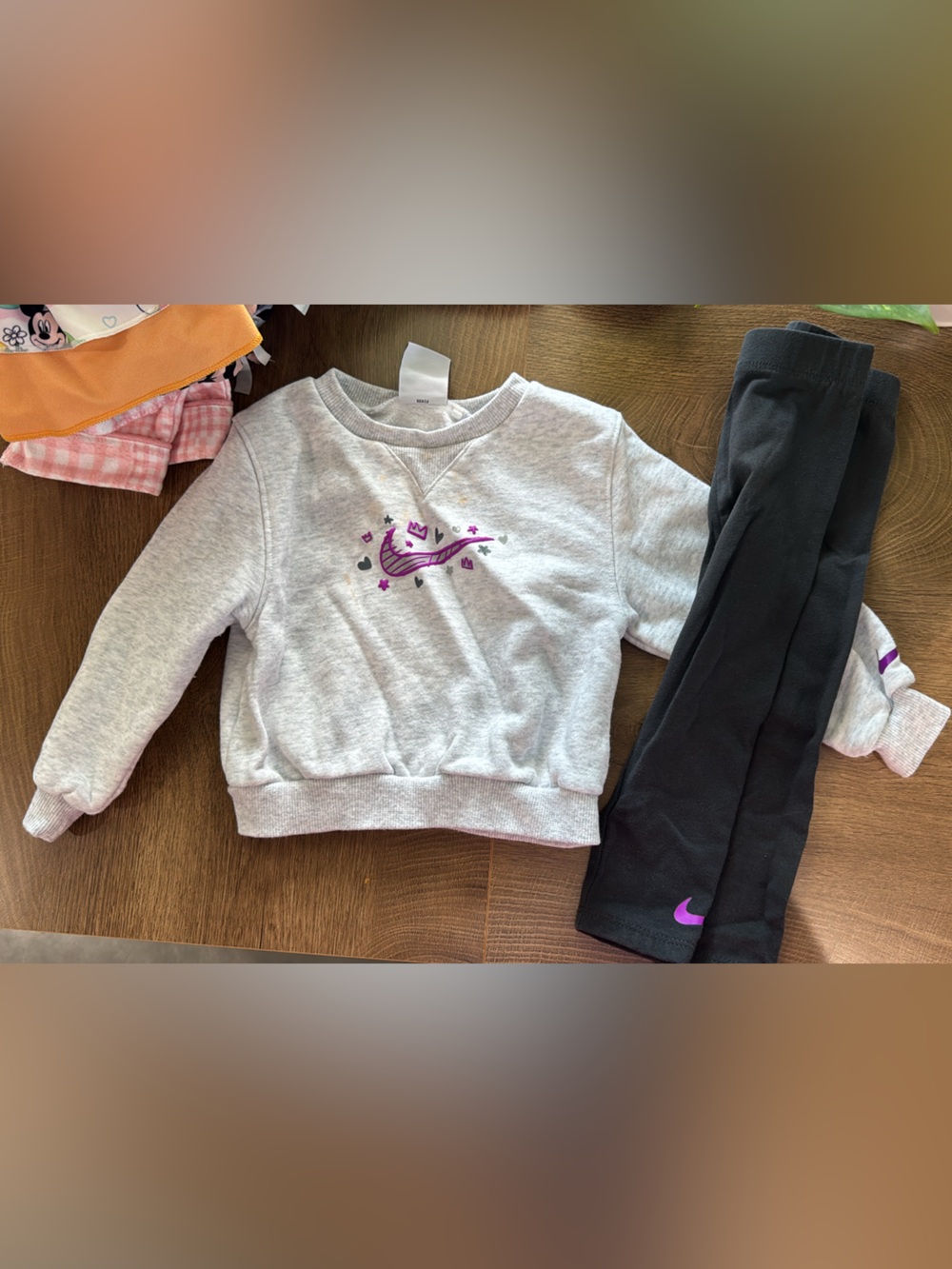Nike Girls' Gray Sweatshirt with Purple Logo & Black Leggings